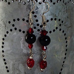 Black Onyx Gemstone Czech Glass Ladybugs Crystals Earrings .925 Hooks Handmade